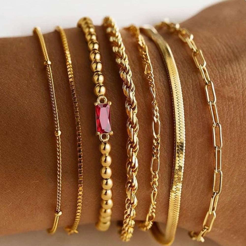 NEW 14K Real Gold Plated Beaded Bracelets Rope Paperclip Chain Stackable